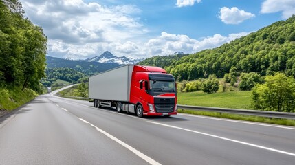 Red Semi Truck Speeding Along Scenic Highway with Mountains