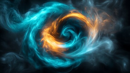 Obraz premium A dynamic swirl of vibrant cyan and amber hues blending seamlessly with a misty texture, evoking a sense of energy and depth, set against a smoky black.