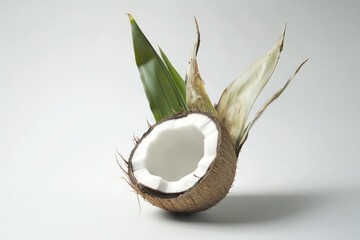 Halved coconut with tropical leaves on white background.