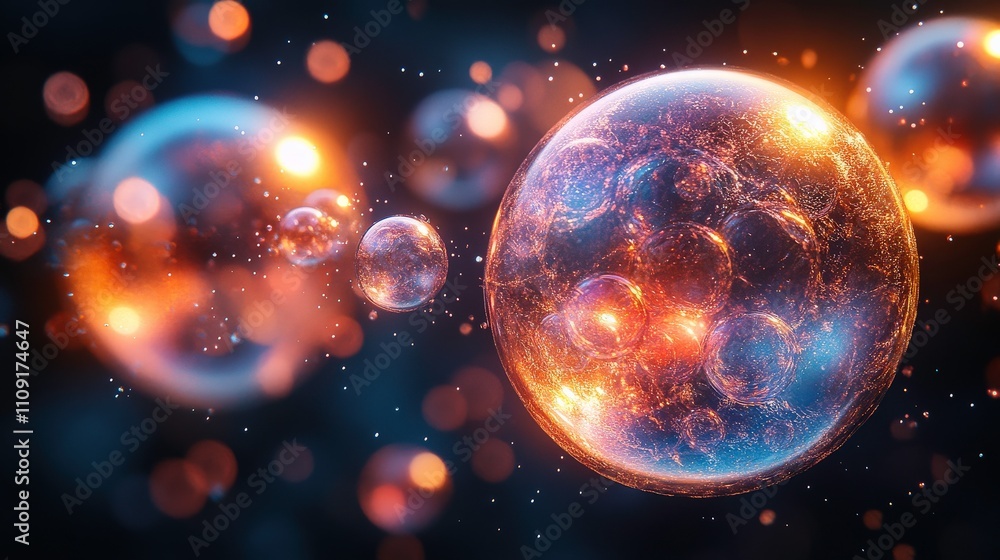 Poster abstract illustration of colorful bubbles in space with glowing effects and stars creating a beautif