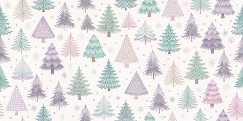A whimsical seamless pattern featuring a variety of stylized pine trees in a pastel color palette, perfect for holiday greetings or winter-themed designs.