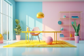 Fashionable 3D office interior with a workplace and many details of orange, turquoise, yellow, pink, azure colors.