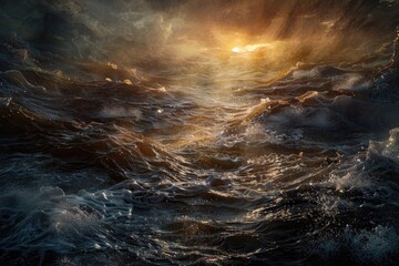 Fototapeta premium Dramatic Sunset Over Dark, Choppy Ocean Waves