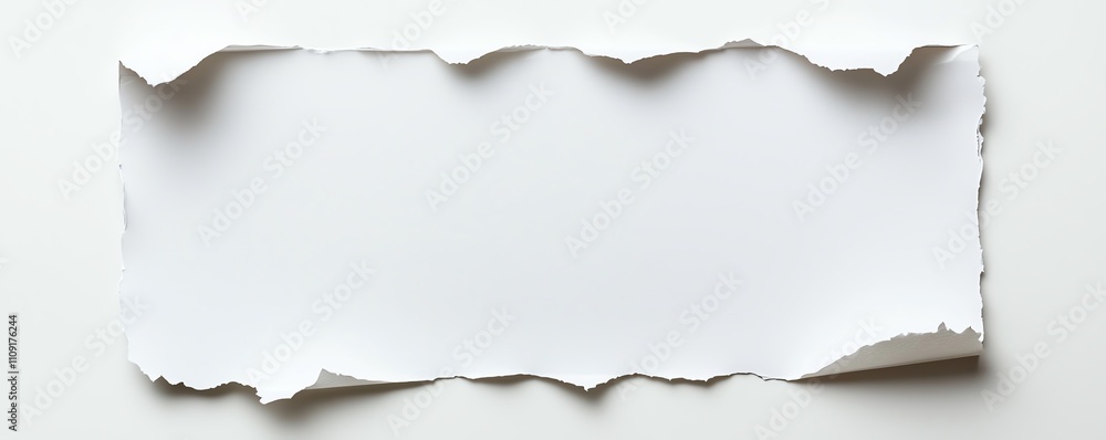 Poster a close-up of a piece of torn white paper on a simple background, showcasing its texture and edges. 