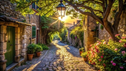 A quaint stone pathway leading through a charming village with lush greenery and a sunlit sky, casting a warm glow on the cobblestones and stone walls.