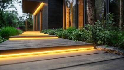 Fototapeta premium Innovative Modern Garden Lighting Energy-Saving LED Fixtures Stylish Designs Transform your outdoor space with our modern lighting solutions, showcasing a concept of eco-friendly illumination and