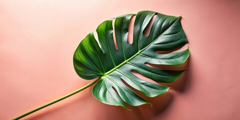 A single lush green monstera leaf with intricate details and a delicate stem against a soft pastel pink background.
