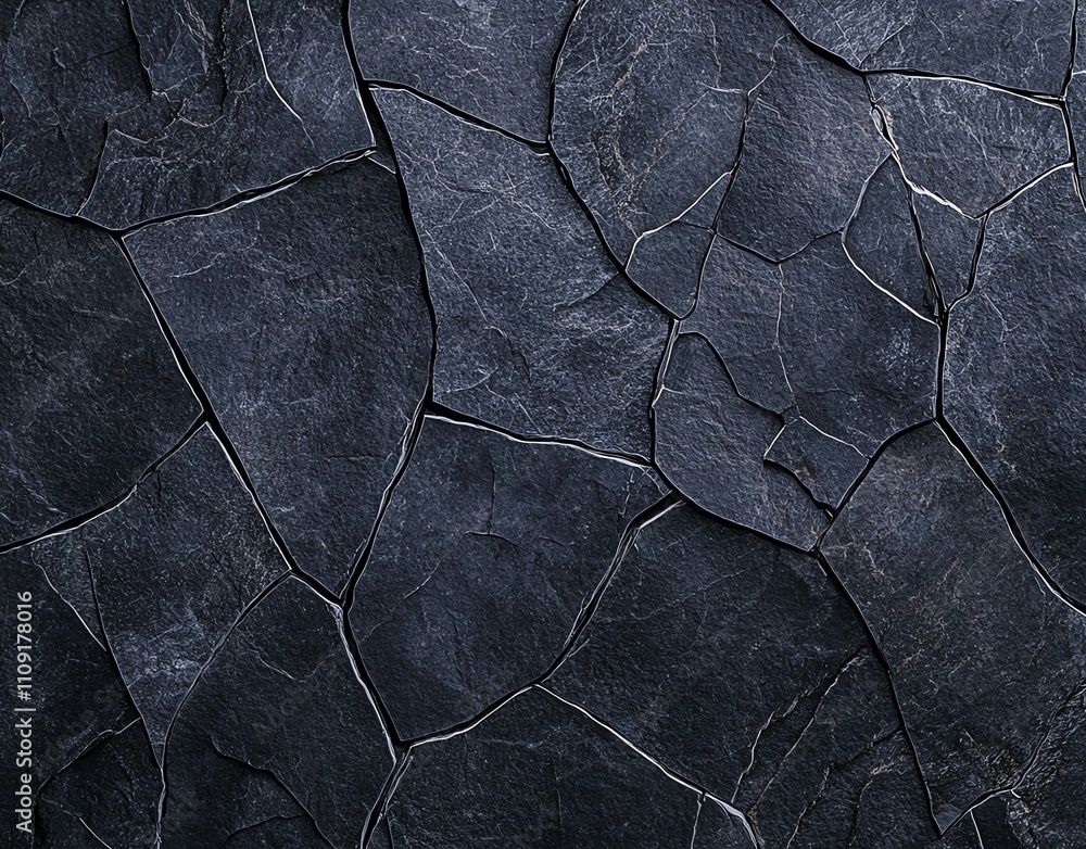 Poster a close-up of a textured black stone surface, showcasing the intricate patterns and natural cracks t