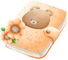 Orange notebook with brown bear and sunflower pattern