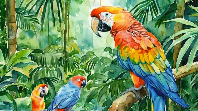 A vibrant watercolor of colorful parrots in a lush tropical rainforest setting.