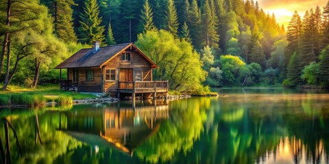 Obraz premium A wooden cabin nestled on the shore of a tranquil lake surrounded by lush greenery, with a golden sunset reflecting in the water.
