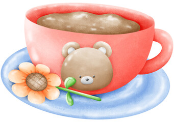 Brown bear coffee cup on a coaster with sunflowers