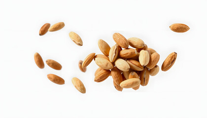 Obraz premium Whole, shelled and blanched almond nuts flying isolated on white background. Vertical layout with a white accent, png