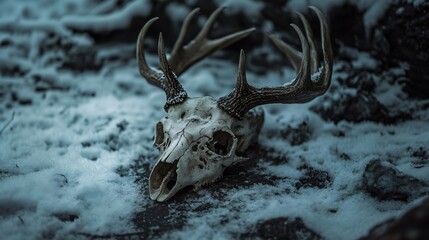 Obraz premium Elk or deer skull with horns in snow in winter forest. Winter solstice holiday. Yule, Imbolc, Samhain. Wiccan pagan religion. Magic dark ritual. Psychedelic ethnic element. Hunting trophy
