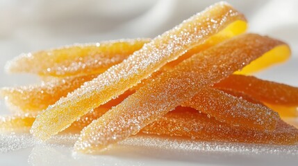 Sweet candied citrus peels arranged on a white surface with shimmering sugar
