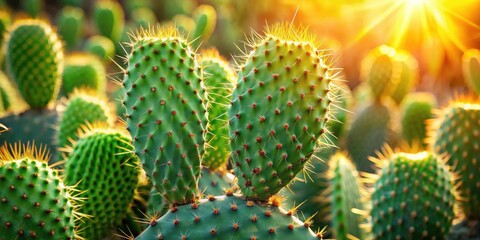 A close-up shot of prickly pear cactus bathed in the warm glow of the setting sun, showcasing the intricate details of its spiky exterior and the vibrant green hues of its pads.