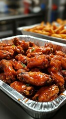 Delicious Buffalo Wings Served on Silver Tray with Garnish