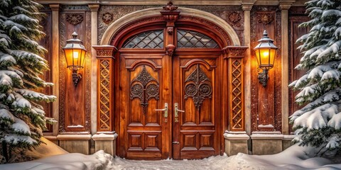 Obraz premium Ornate Double Doors Adorned with Intricate Carvings and Flanked by Illuminated Lanterns, Set Against a Snowy Winter Landscape