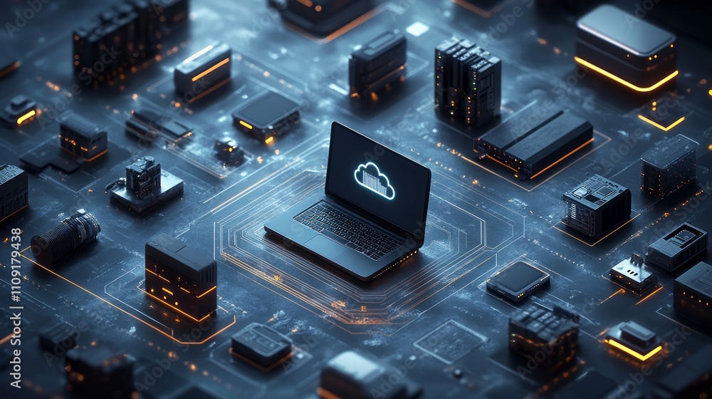 Poster laptop with cloud icon on circuit board, surrounded by server components.