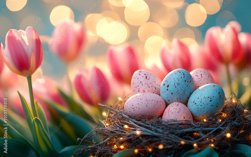 Poster colorful eggs nestled in a nest among flowers. delicate eggs rest in a nest surrounded by blooming t