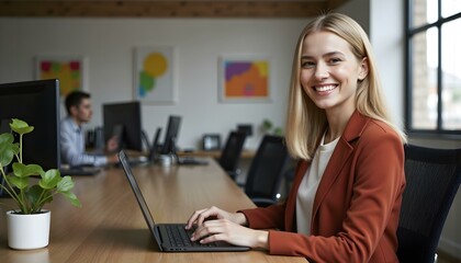 Portrait of happy and successful female programmer inside office at workplace, worker smiling and looking at camera with laptop blonde businesswoman is satisfied with results of achievements at work