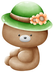 Bear wearing a green hat with sunflowers