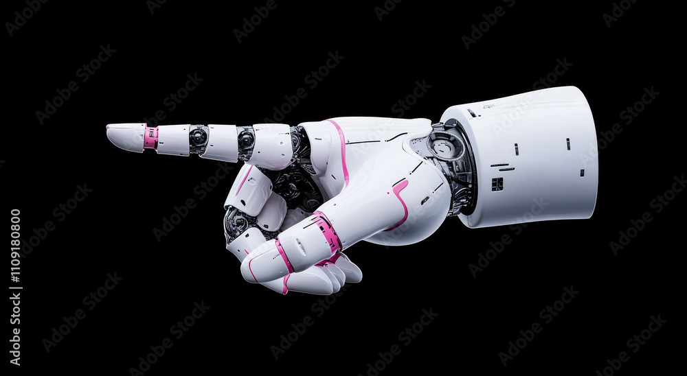 Poster robotic hand signals tech's future. a futuristic robotic hand points confidently, showcasing advance