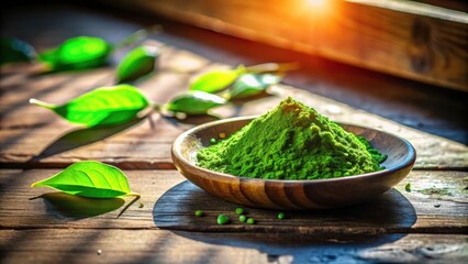 A bowl of bright green powder, illuminated by sunlight, rests on a wooden surface, surrounded by leaves and a scattering of small green seeds.