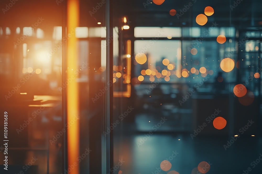 Poster a warm sunset casts a golden glow through a modern office space, creating a serene atmosphere with b