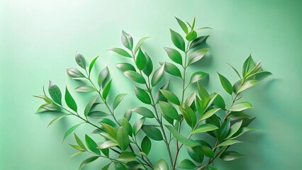 Fototapeta premium Green Leaves Arranged on a Light Green Background, a Minimalist Aesthetic for Nature Lovers