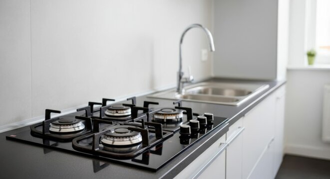 Modern kitchen stove with gas burners and clean minimalist design.