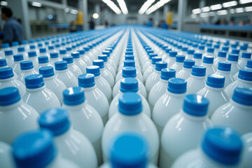 Fototapeta premium Rows of white bottles with blue caps on a conveyor belt in a factory, with workers in the background.