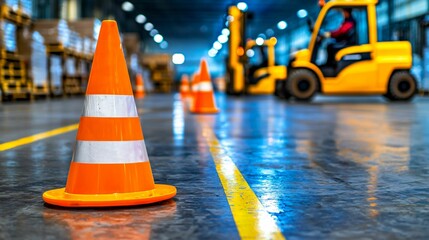 Work safety and protection equipment, Factory background concept. Warehouse safety with cones and forklifts