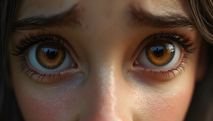 Naklejka premium Expressive close-up of a young girl with captivating brown eyes and detailed lashes in a soft focus 