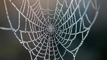 Close-Up of Dewdrops on a Delicate Spider Web in Natural Light