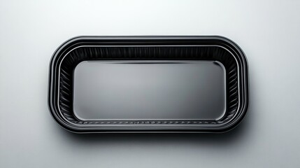 Empty black rectangular plastic food container on white background.