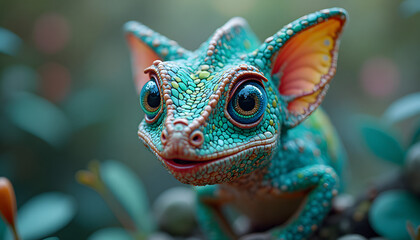 Fototapeta premium Cute and colorful lizard-like creature with big eyes perched among foliage in a vibrant setting 