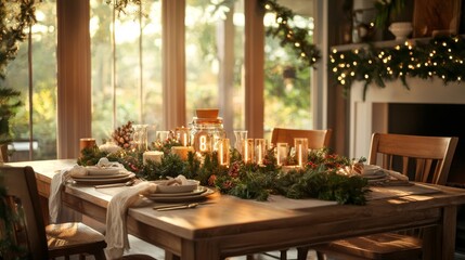 Fototapeta premium Festive dinner gathering cozy dining room table setting warm atmosphere family togetherness holiday spirit