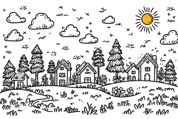 Naklejka premium Coloring page summer sun, trees, rustic landscape black line design 