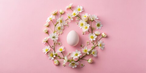A single white egg rests in a delicate wreath of white blossoms on a soft pink background.