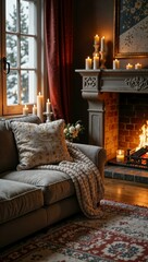 Modern furniture in a winter setting: lighting, warm colors, and decorative elements to create a cozy atmospher,fireplace and a sofa, in beige and brown,large window with a landscape view 