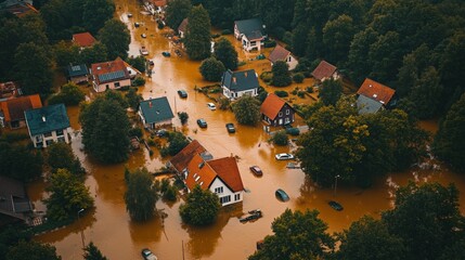 Obraz premium Aerial View of Suburban Town Surrounded by Flooded Landscape