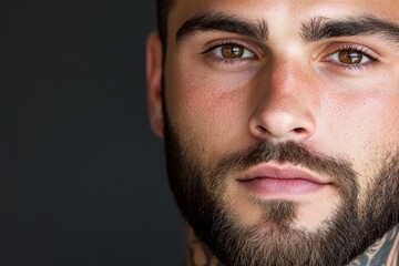 Obraz premium Charismatic Man with Beard, Brown Eyes, and Neck Tattoo - Strong, confident man with a beard, brown eyes, and neck tattoo. He embodies masculinity, style, and individuality. A powerful image for div