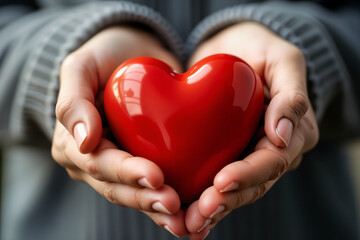 Obraz premium A pair of hands gently cradle a glossy, red heart-shaped object, symbolizing love and care. The person is wearing a gray sweater, adding a cozy touch to the scene.