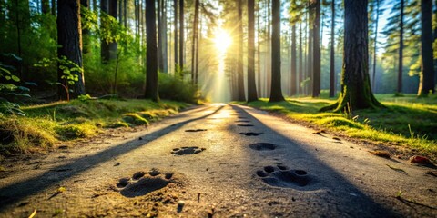Fototapeta premium A sunlit path through a dense forest, lined with tall trees, revealing a series of animal paw prints in the soft earth