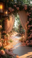 Charming outdoor wedding entrance decorated with stunning and thoughtful floral touches picture