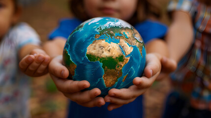 A Person Holding a Small Blue Globe in Their Hands Over Some Green Leaves and Grass - Generative AI
