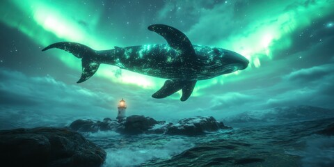 Fototapeta premium Futuristic wallpaper lighthouse , edge rocky cliff, stormy sea, glow Northern Light, and whale glowing , fantasy background.