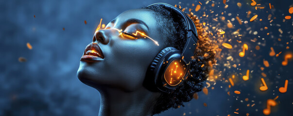 Transforming sound waves into vibrant music, this captures woman immersed in her audio experience, with musical notes and sparks radiating from her headphones
