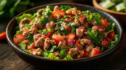 Fototapeta premium Delicious and healthy minced meat salad with tomatoes, onions, and herbs in a dark bowl.
